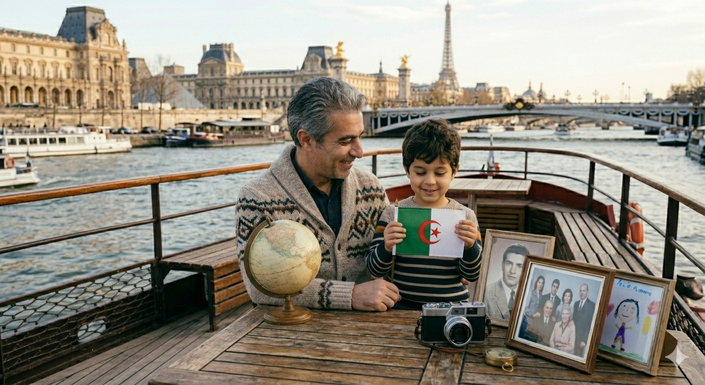 Père et fils sur la Seine, le fils tient le drapeau algérien — Paris en arrière-plan