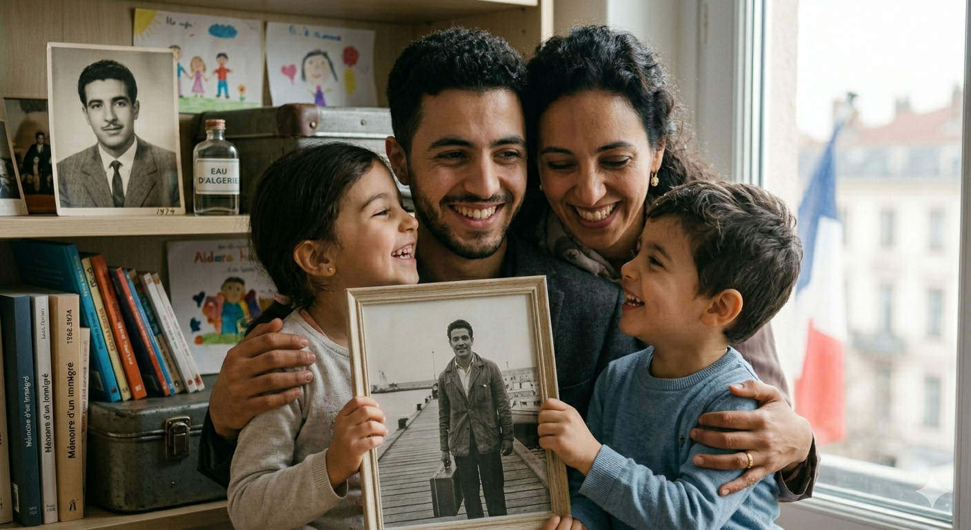 Une famille de Tourcoing tient le portrait encadré du grand-père venu d'Algérie — livres « Mémoire d'un immigré », bouteille d'« Eau d'Algérie »