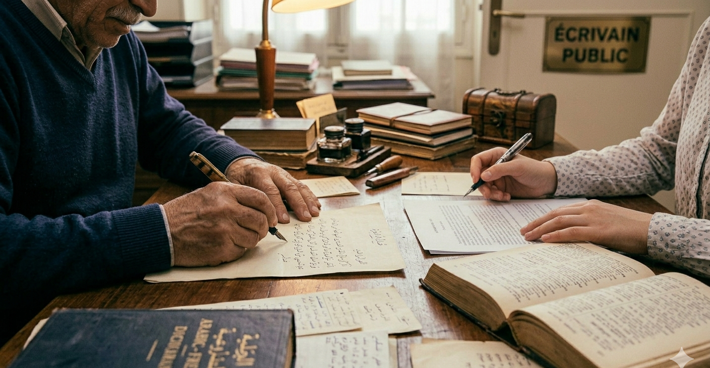 L'écrivain public et un bénévole : aide à la rédaction de courriers, papiers en arabe et en français