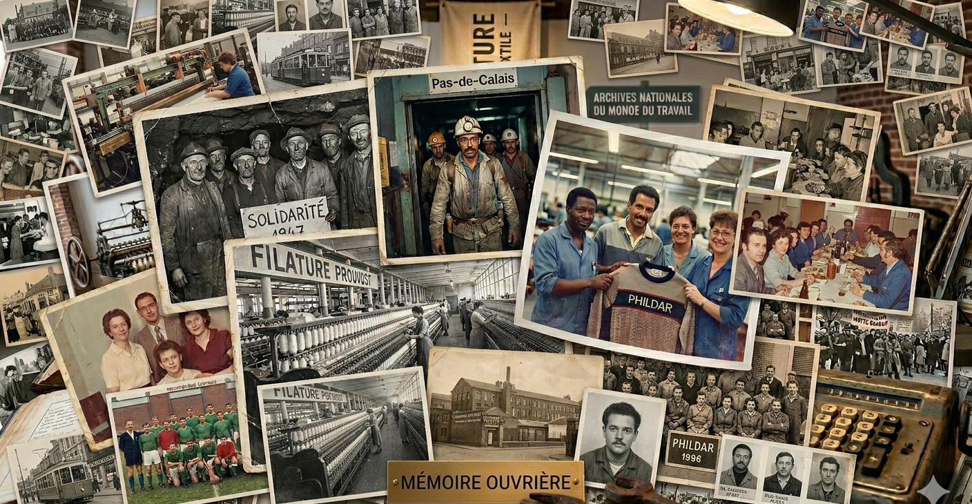 Mémoire ouvrière : collage d'archives — mines, filatures, ouvriers, photos d'identité, Phildar, Solidarité 1947