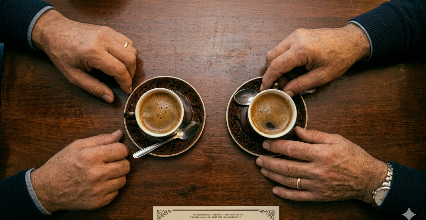 Deux mains autour de cafés au foyer — le geste partagé du matin
