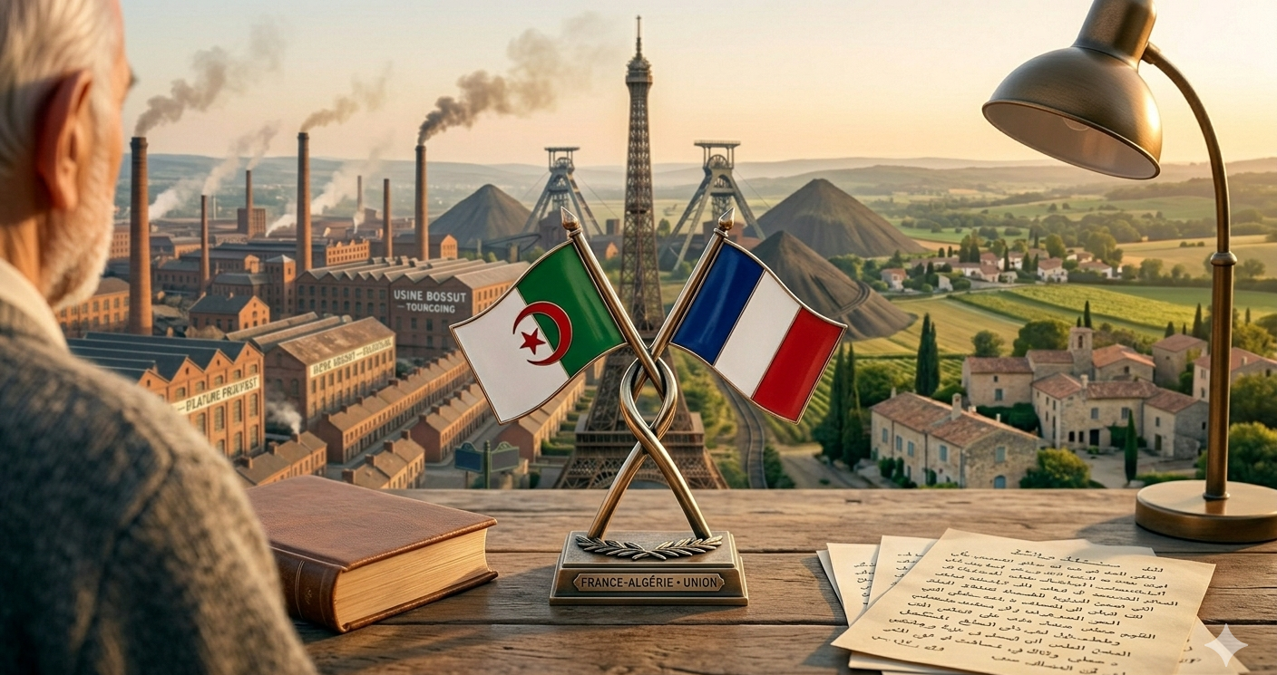 Un Chibani contemple Tourcoing et l'Algérie — entre l'usine, la mine et le village méditerranéen, sur le bureau l'emblème franco-algérien et les papiers en arabe